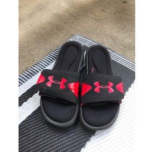 Black and Red Under Armour Slides